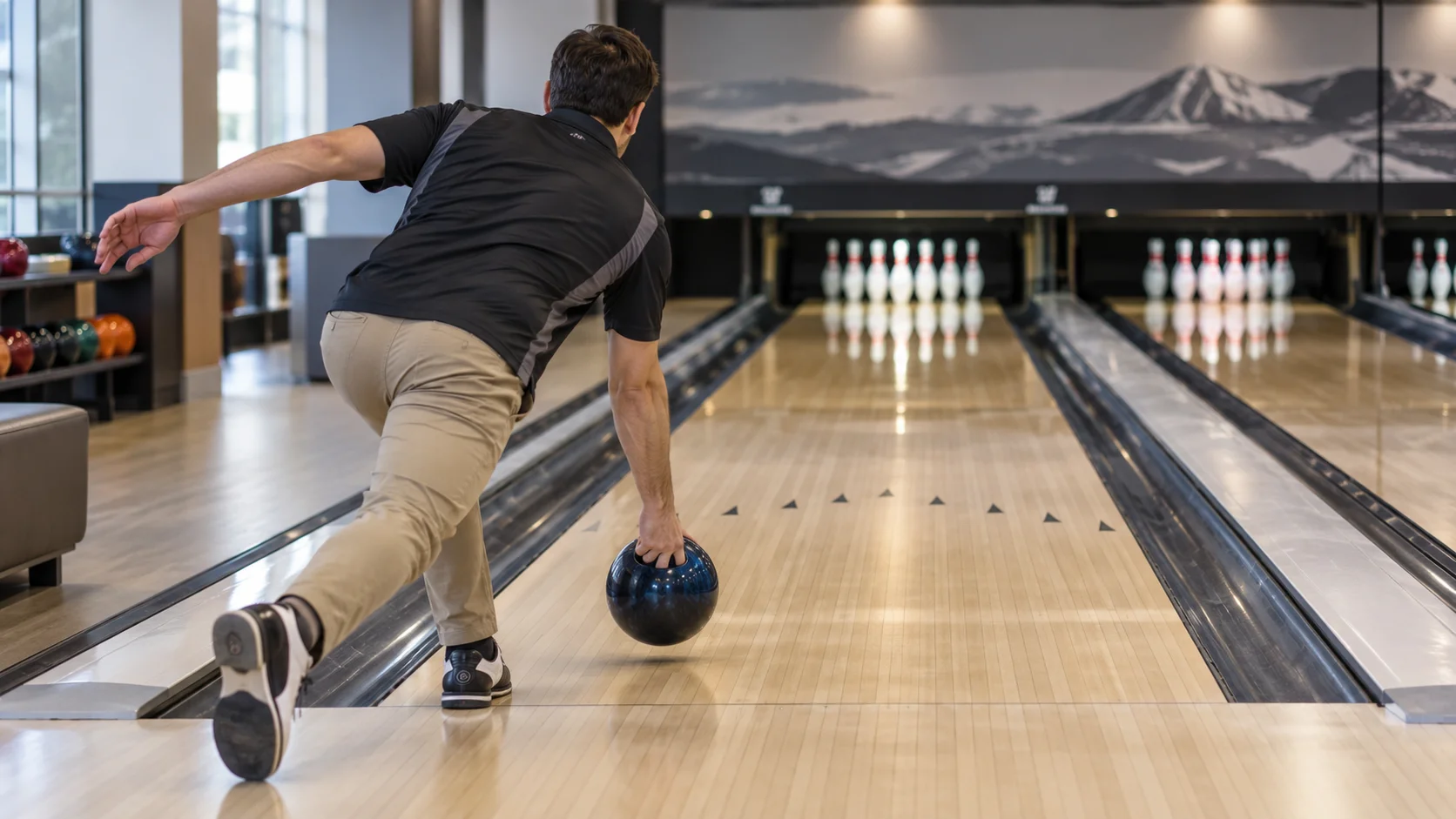 Jugador principiante lanzando una bola de bowling en una pista.
